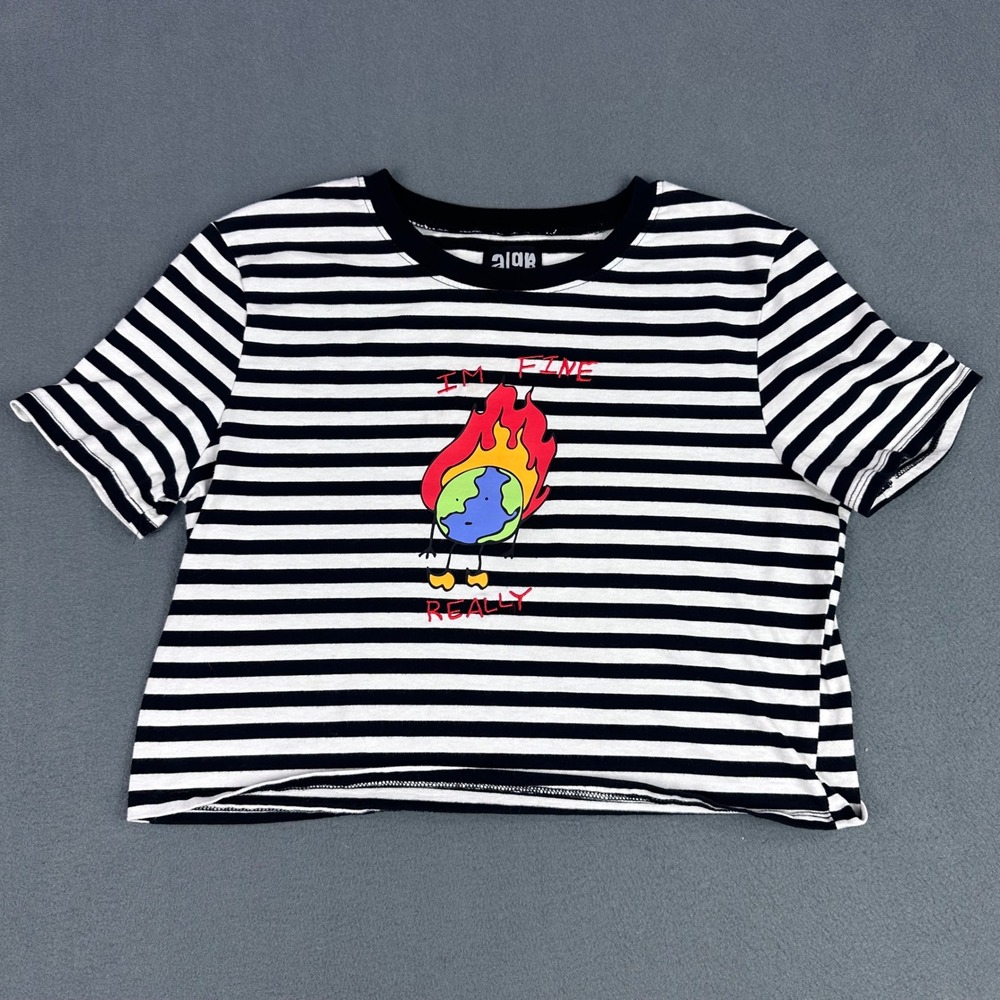 A-Lab Im Fine Really Striped Crop Top Black White Graphic Tee Medium
